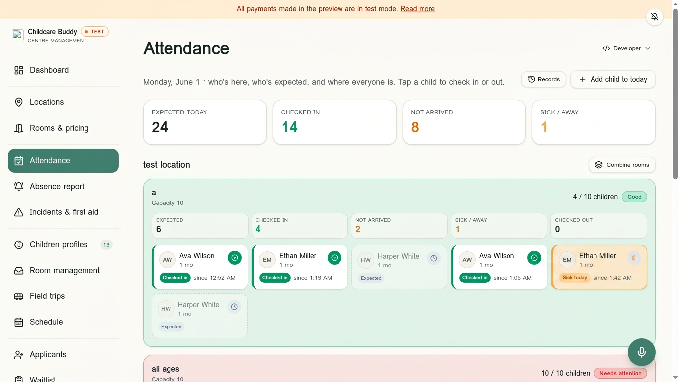 Daily attendance by room