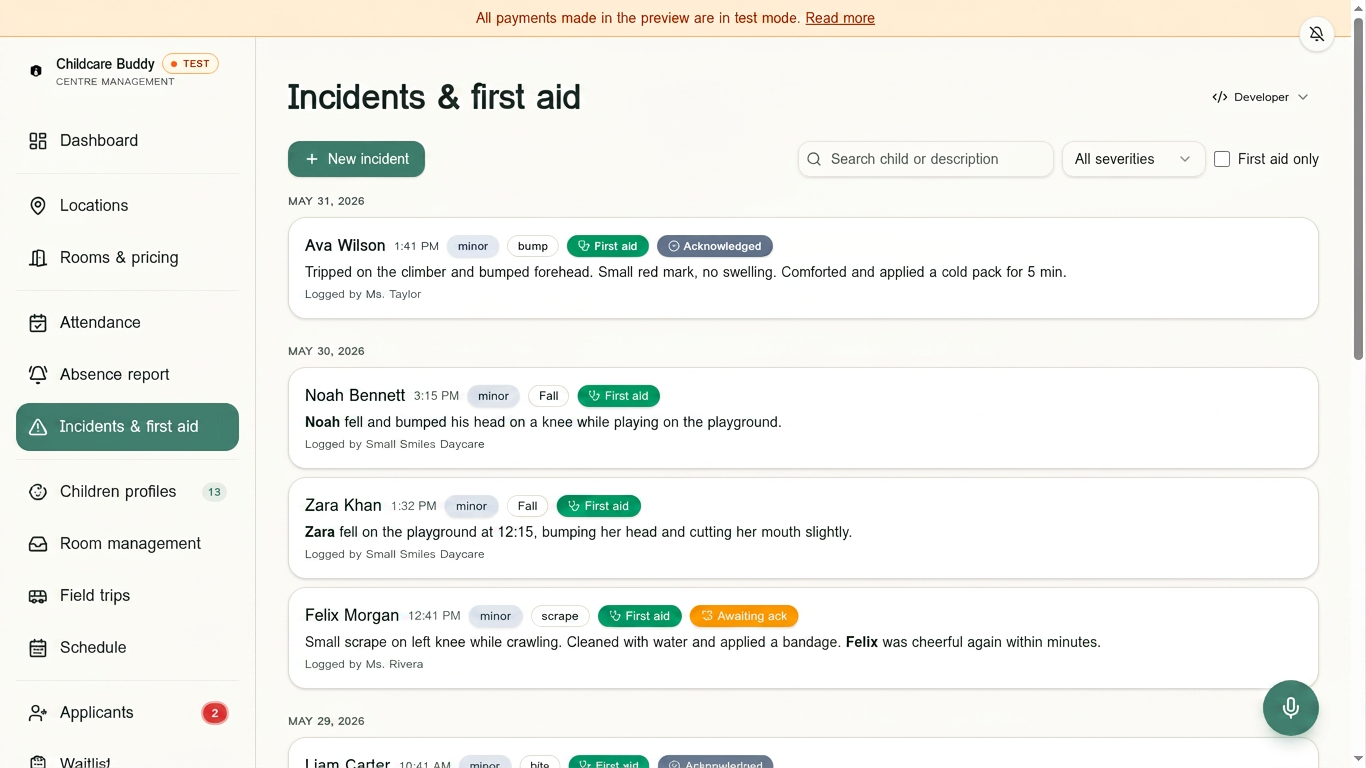 Incident and first aid log